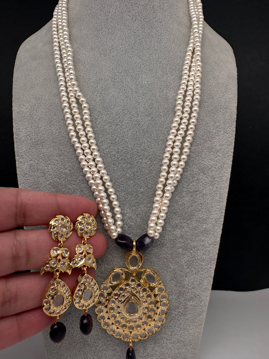 Purple Hyderabadi Jadau Polki Jugni in Shell Pearls Short Necklace - 