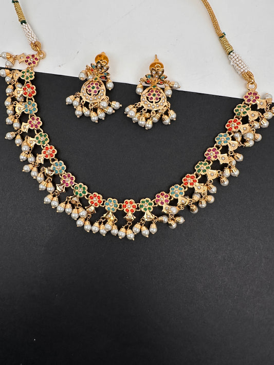 Hyderabadi Jadau Multi Color Neckline Short Necklace - 