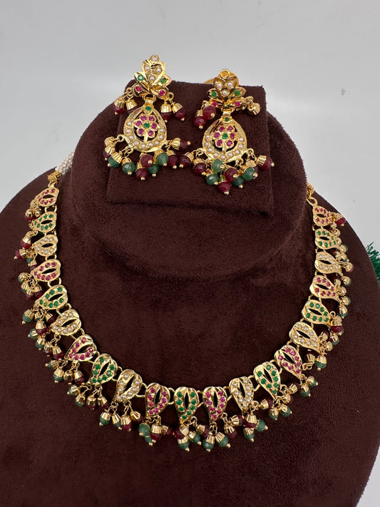 Hyderabadi Jadau Multi Color Neckline Short Necklace - 