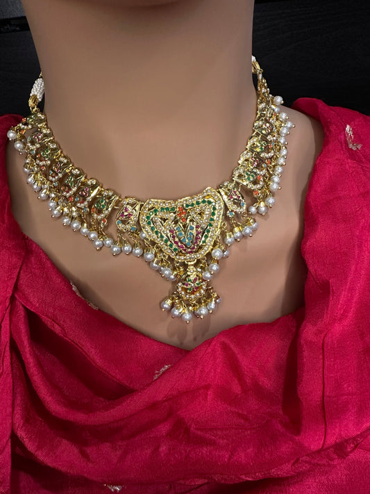 Hyderabadi Jadau pearl short necklace golden finish
