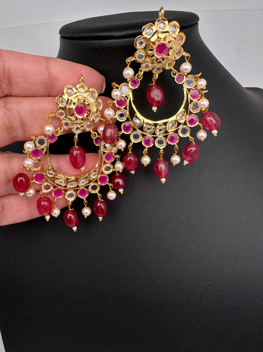 Hyderabadi Jadau Chandballi Earrings - Red
