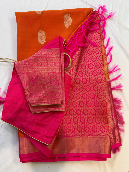 Orange Semi Soft Silk with Magalgiri Border