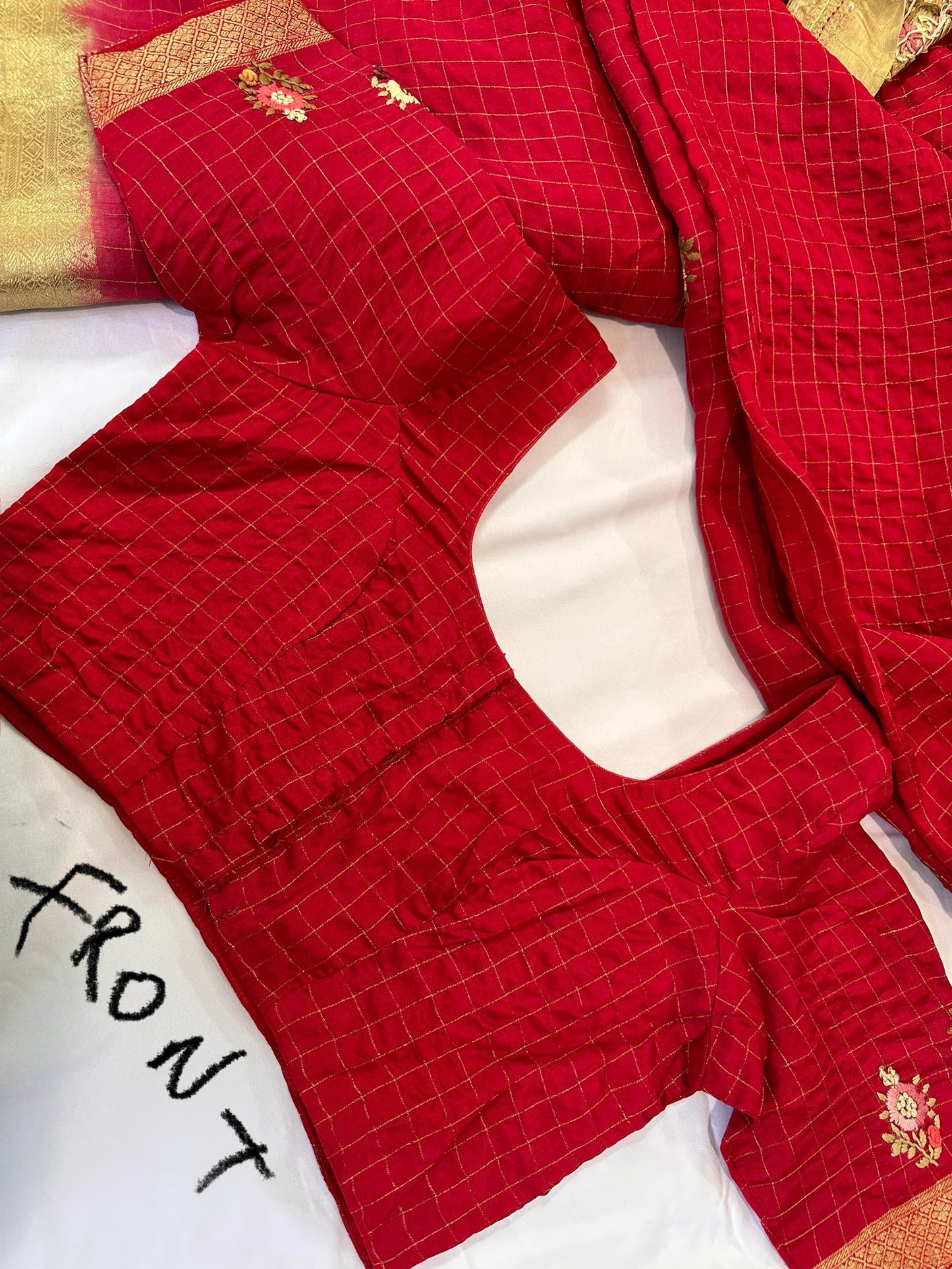 Red Checked hand work Saree
