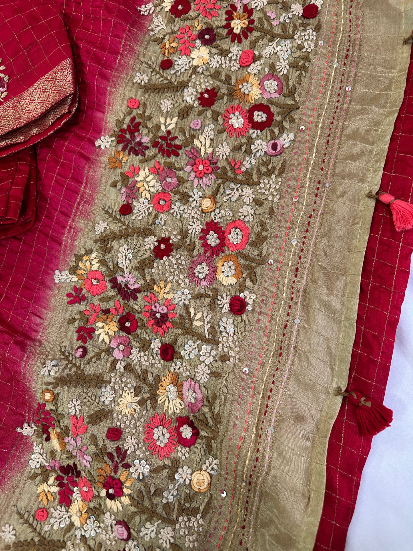Red Checked hand work Saree