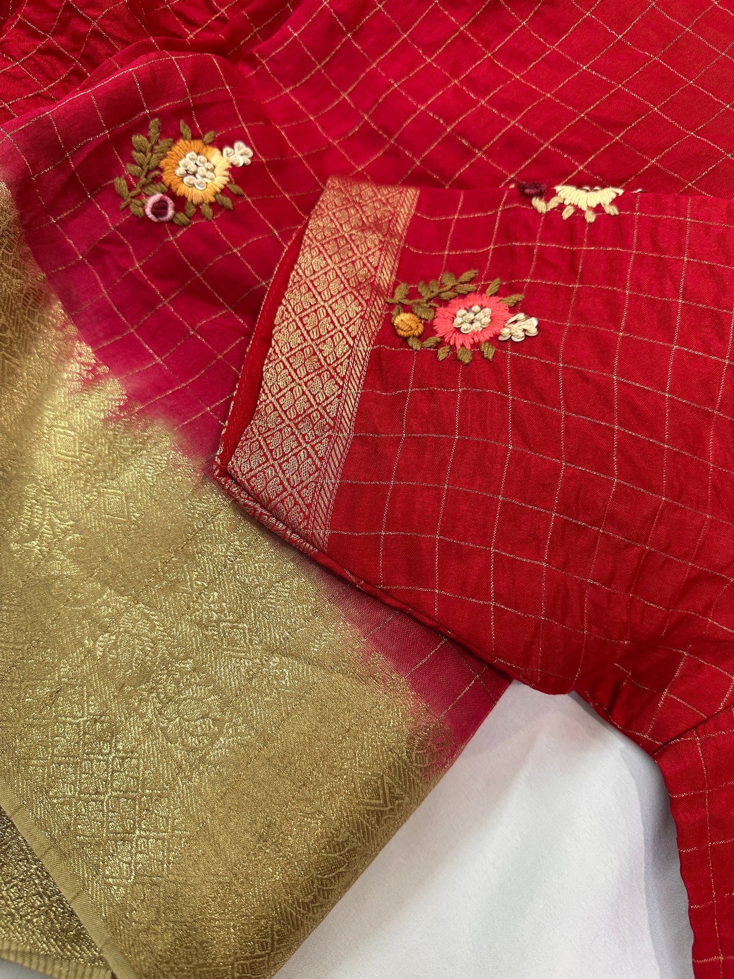 Red Checked hand work Saree