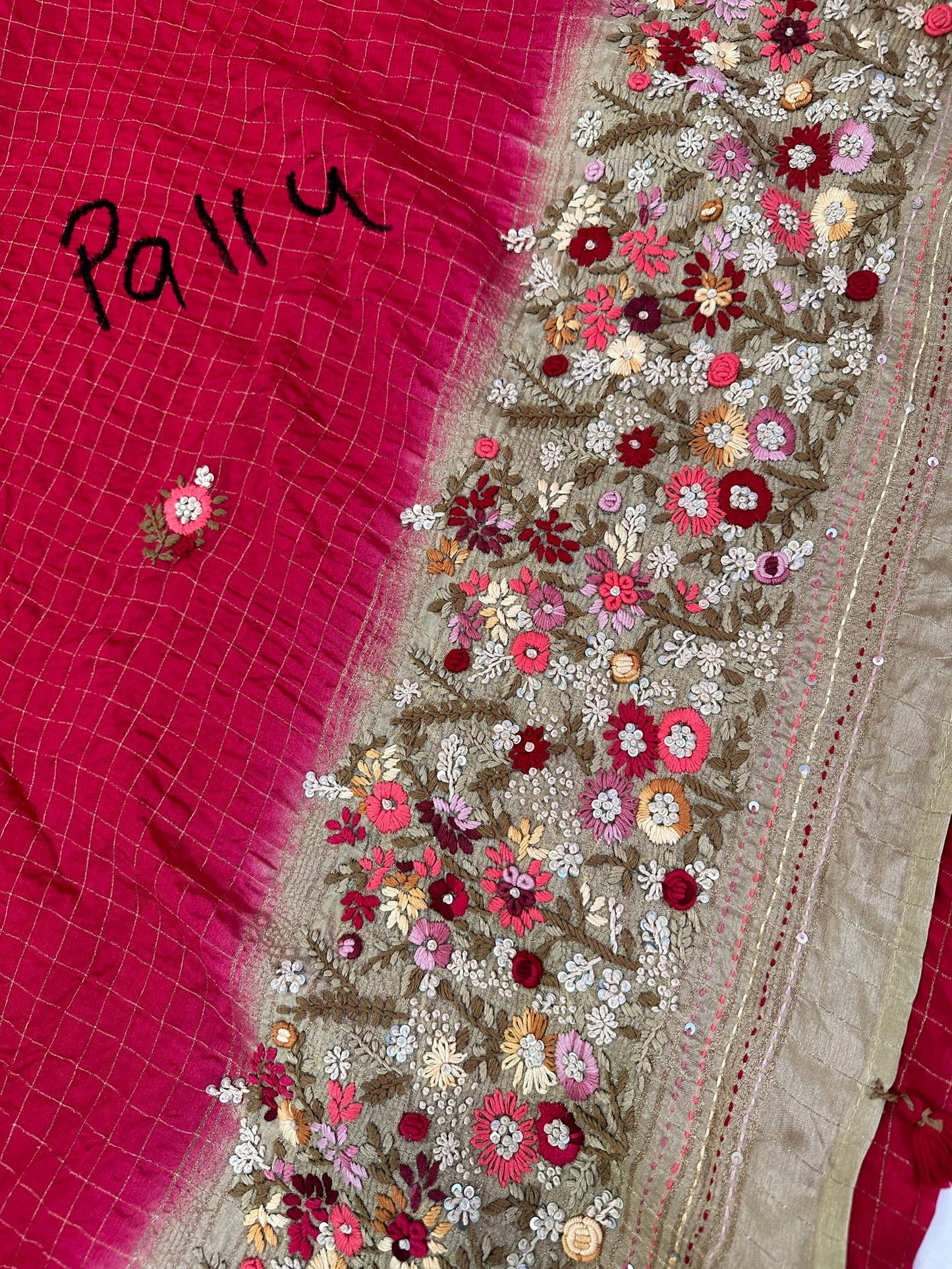 Red Checked hand work Saree