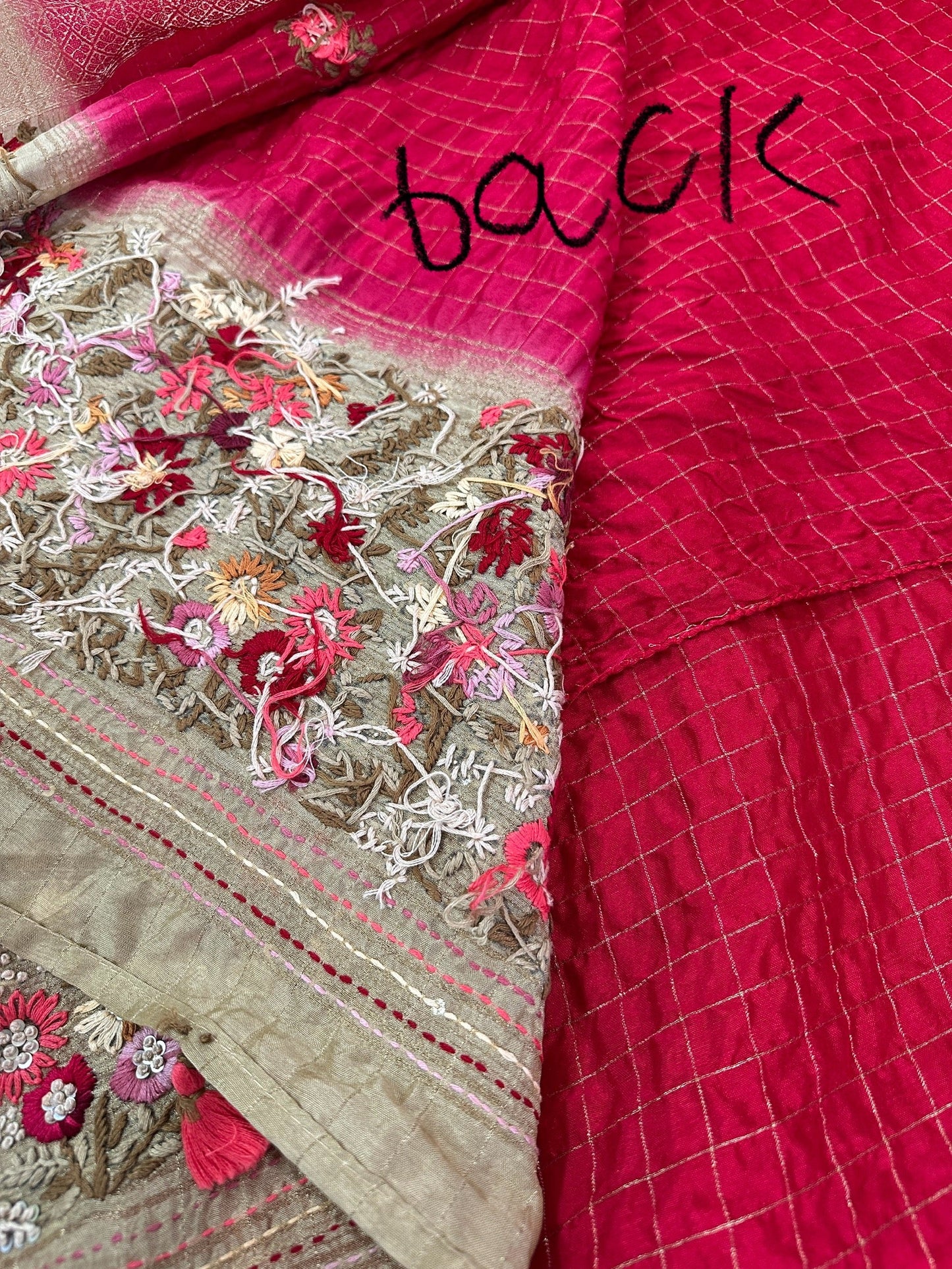 Red Checked hand work Saree