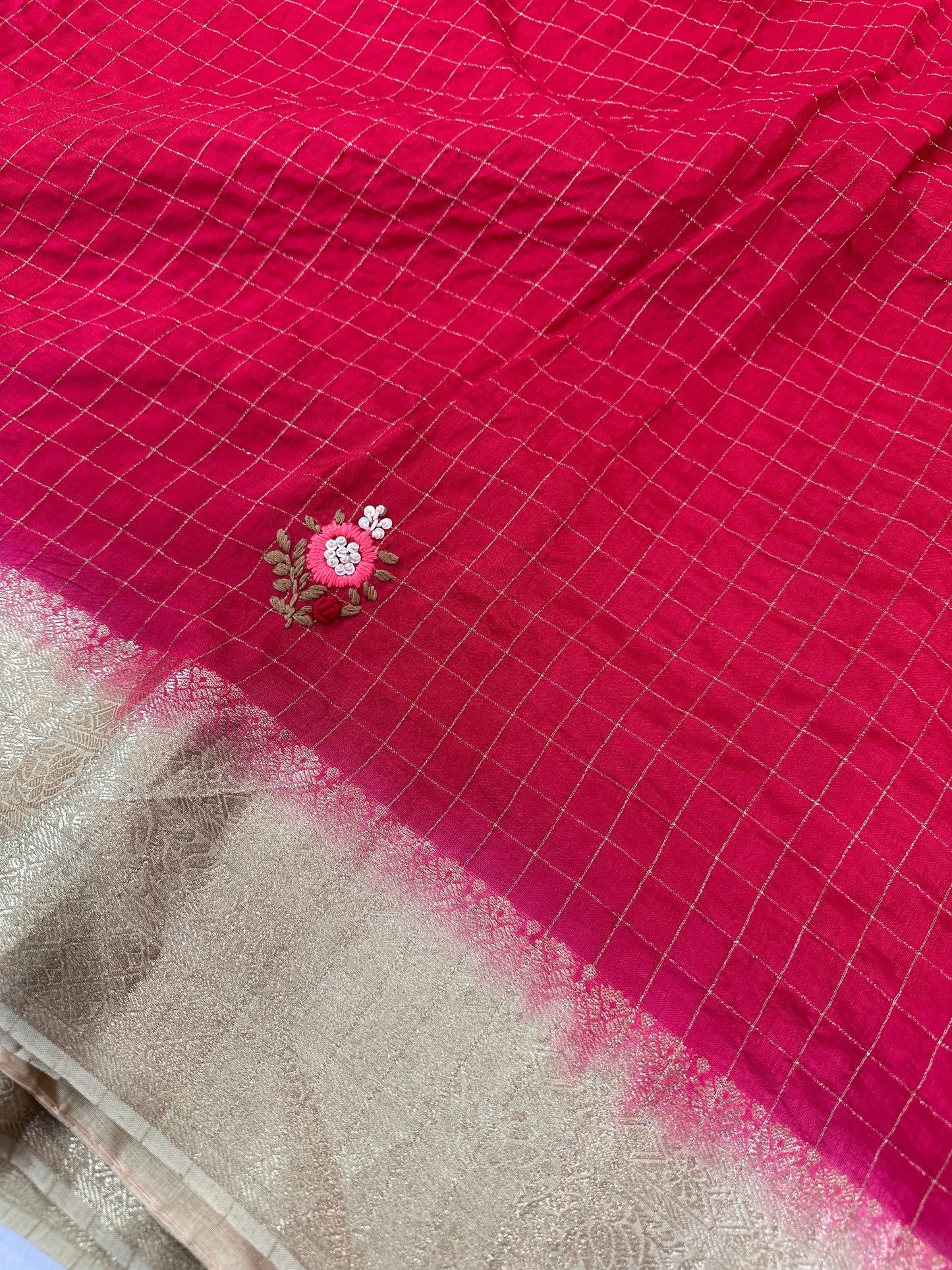 Red Checked hand work Saree