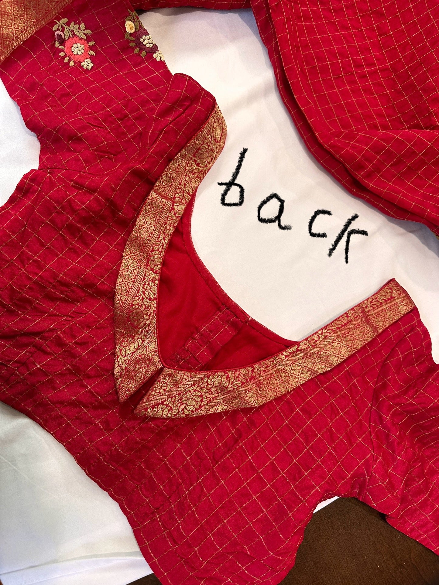 Red Checked hand work Saree