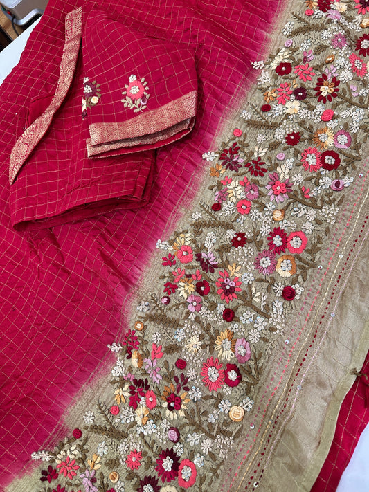 Red Checked hand work Saree