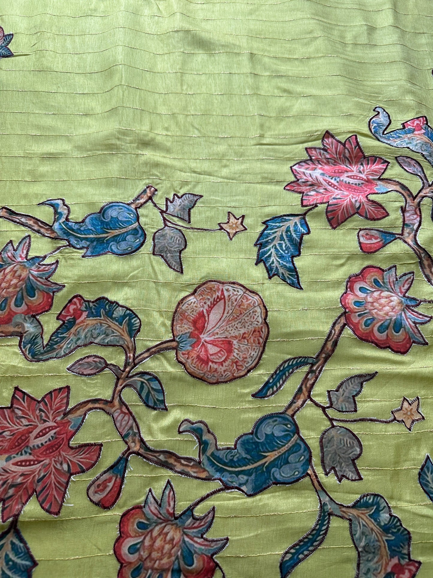 Kalamkari Patch Semi Crepe Green Saree comes with 2 Blouses
