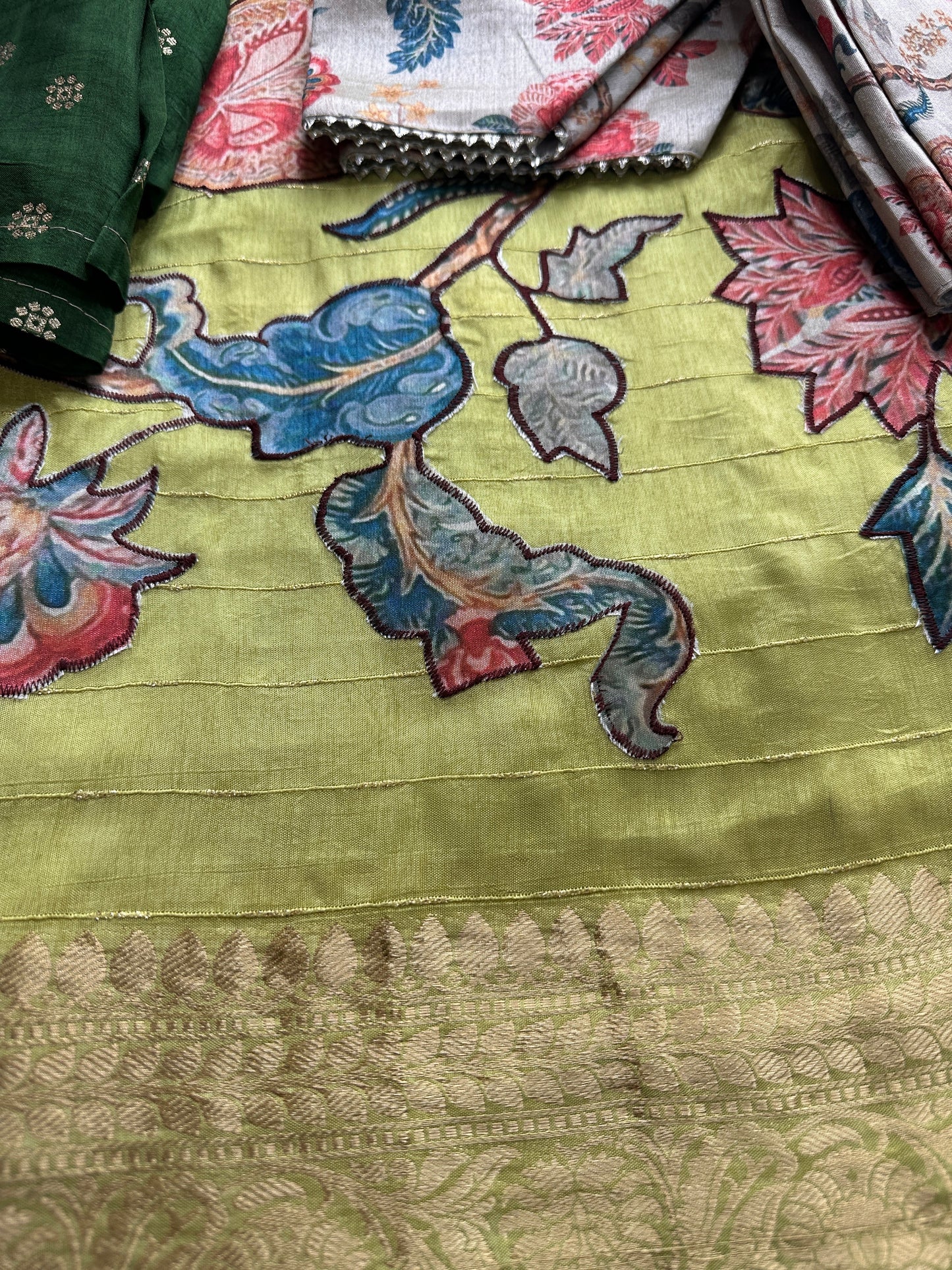 Kalamkari Patch Semi Crepe Green Saree comes with 2 Blouses