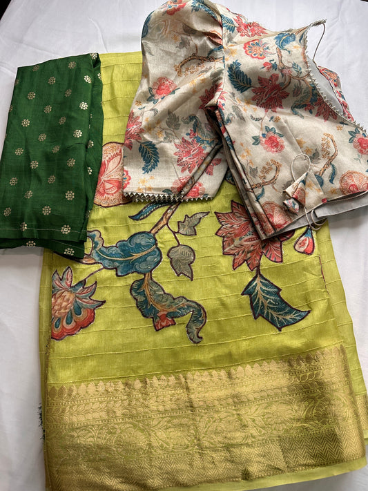 Kalamkari Patch Semi Crepe Green Saree comes with 2 Blouses