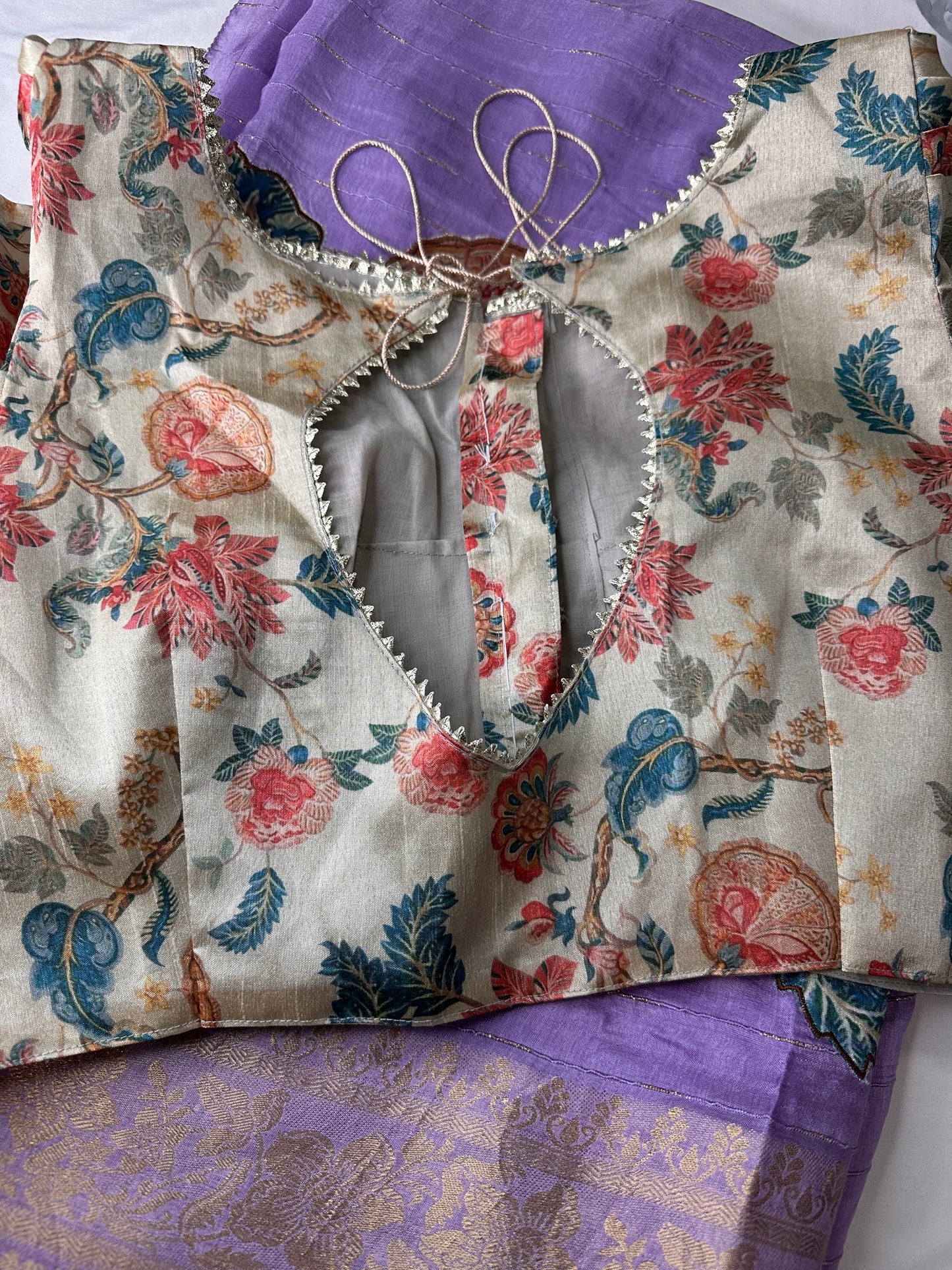 Kalamkari Patch Semi Crepe Purple Saree comes with 2 Blouses