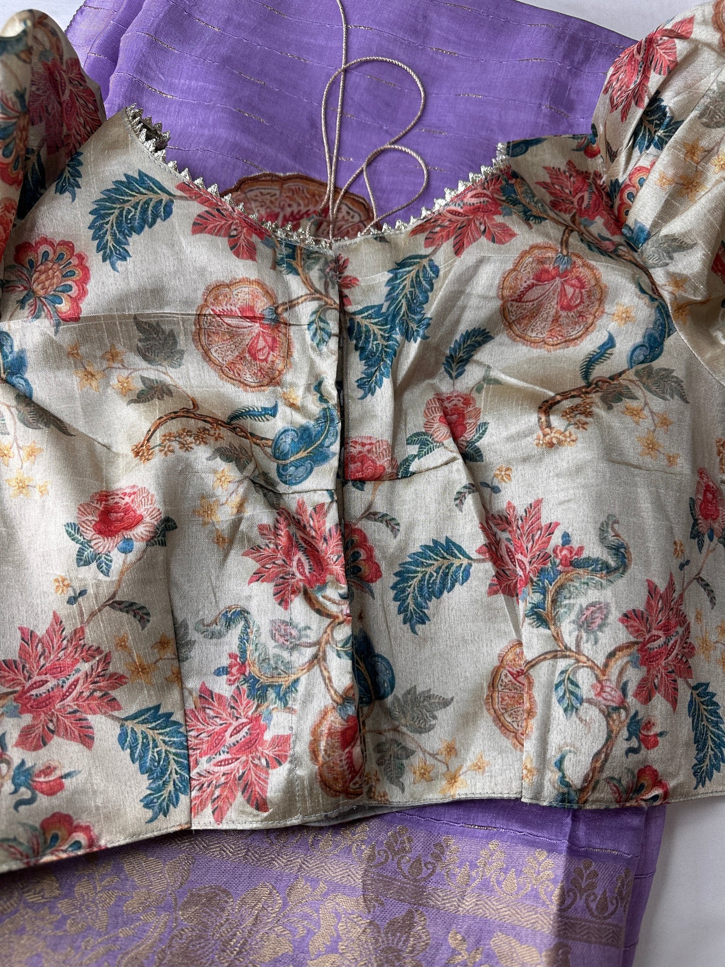 Kalamkari Patch Semi Crepe Purple Saree comes with 2 Blouses
