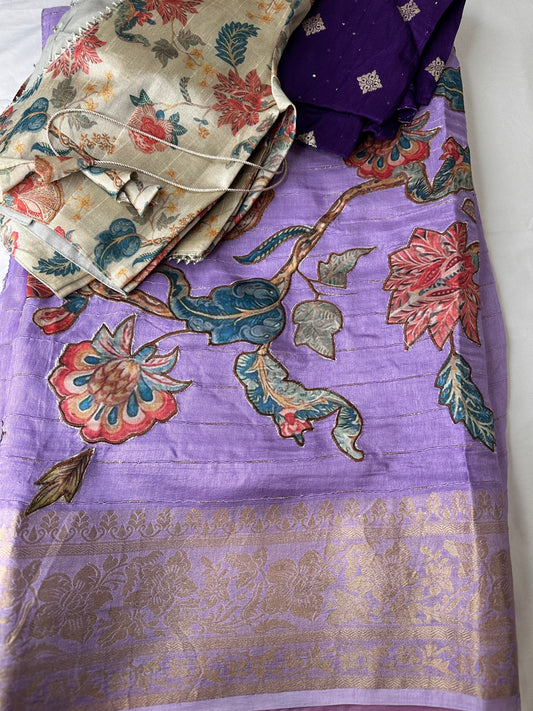 Kalamkari Patch Semi Crepe Purple Saree comes with 2 Blouses