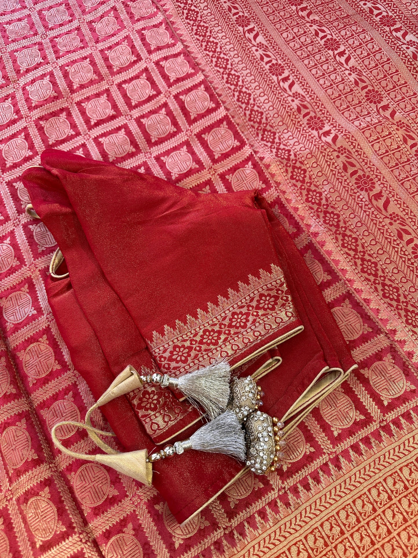Red Golden Banarsee Tissue Silk Saree