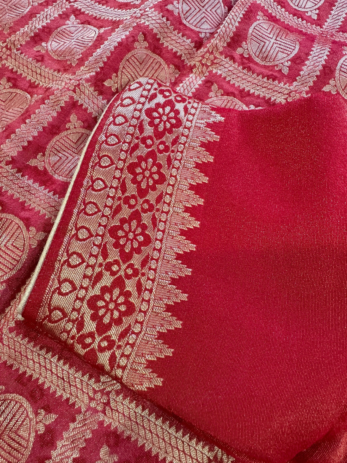 Red Golden Banarsee Tissue Silk Saree