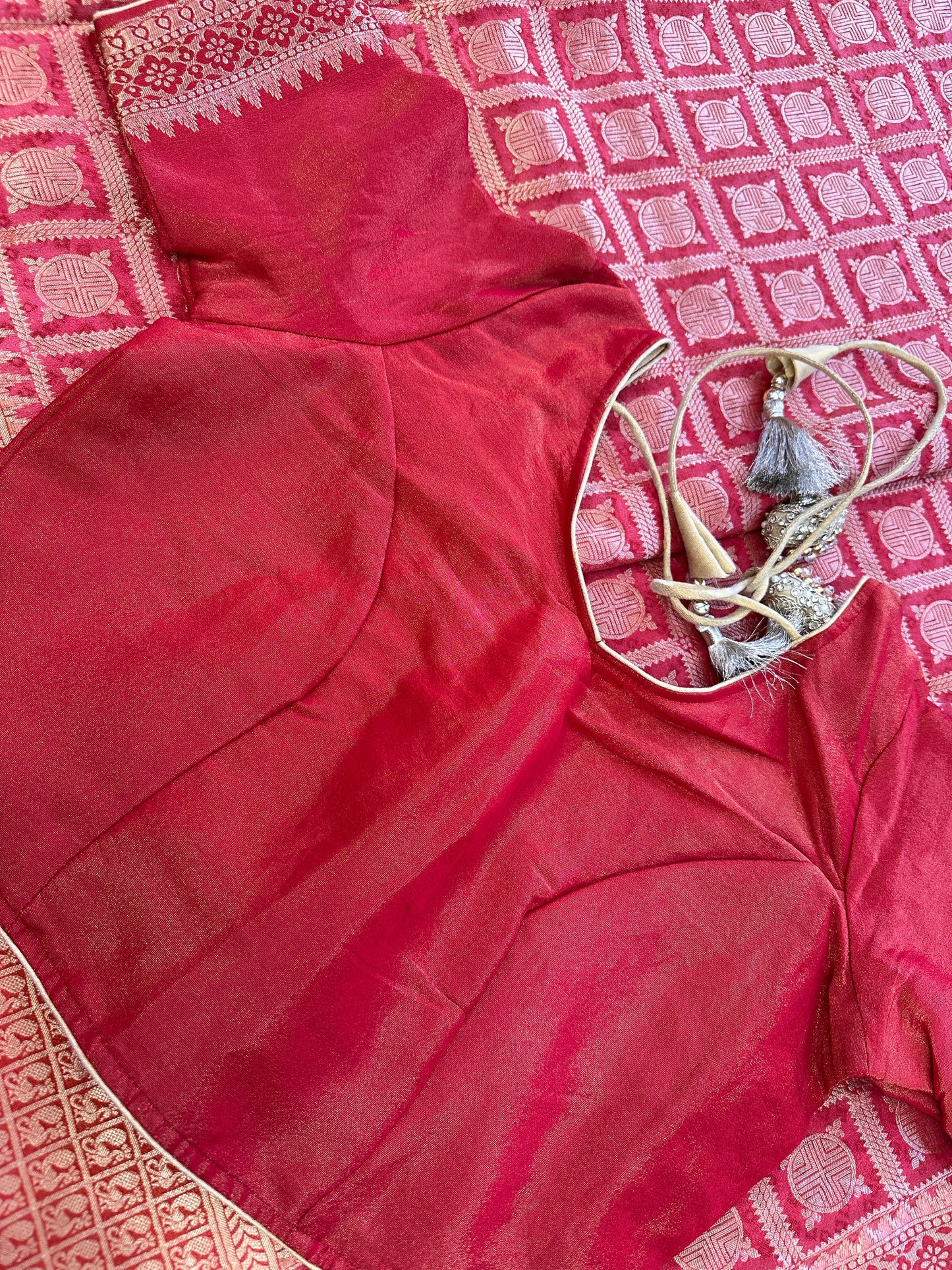 Red Golden Banarsee Tissue Silk Saree