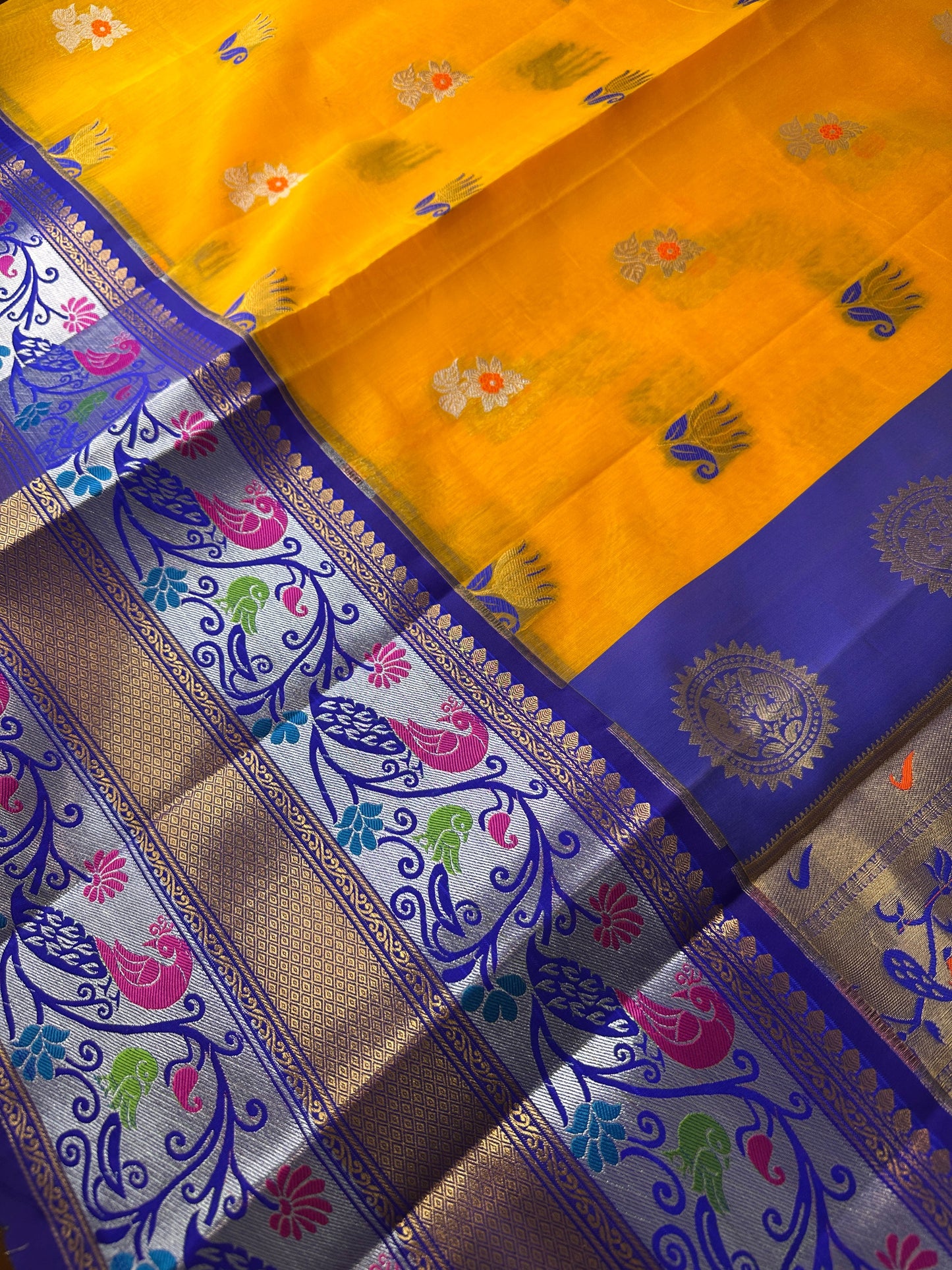 Pythani Border Yellow Blue Chanderi Saree