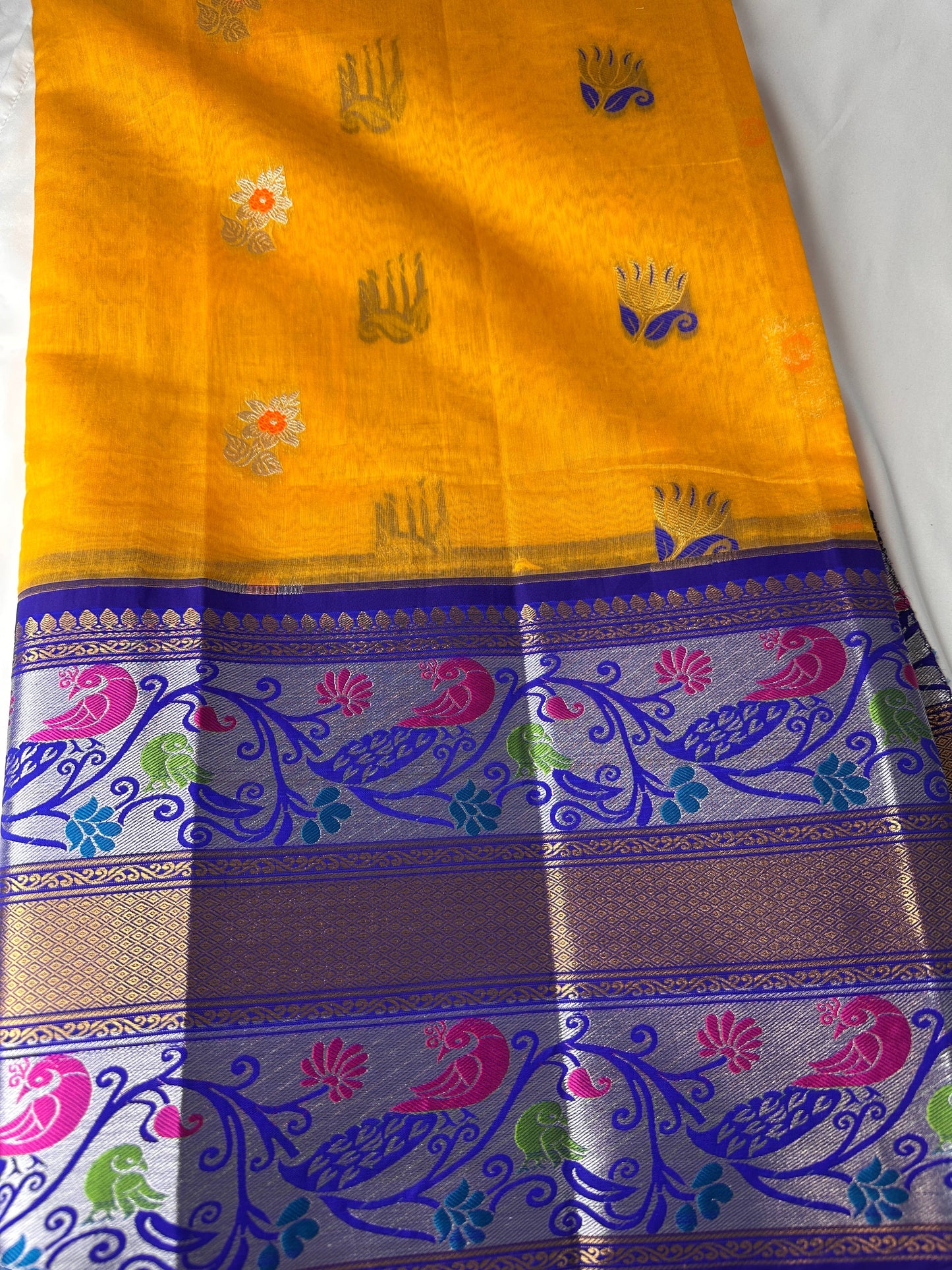 Pythani Border Yellow Blue Chanderi Saree