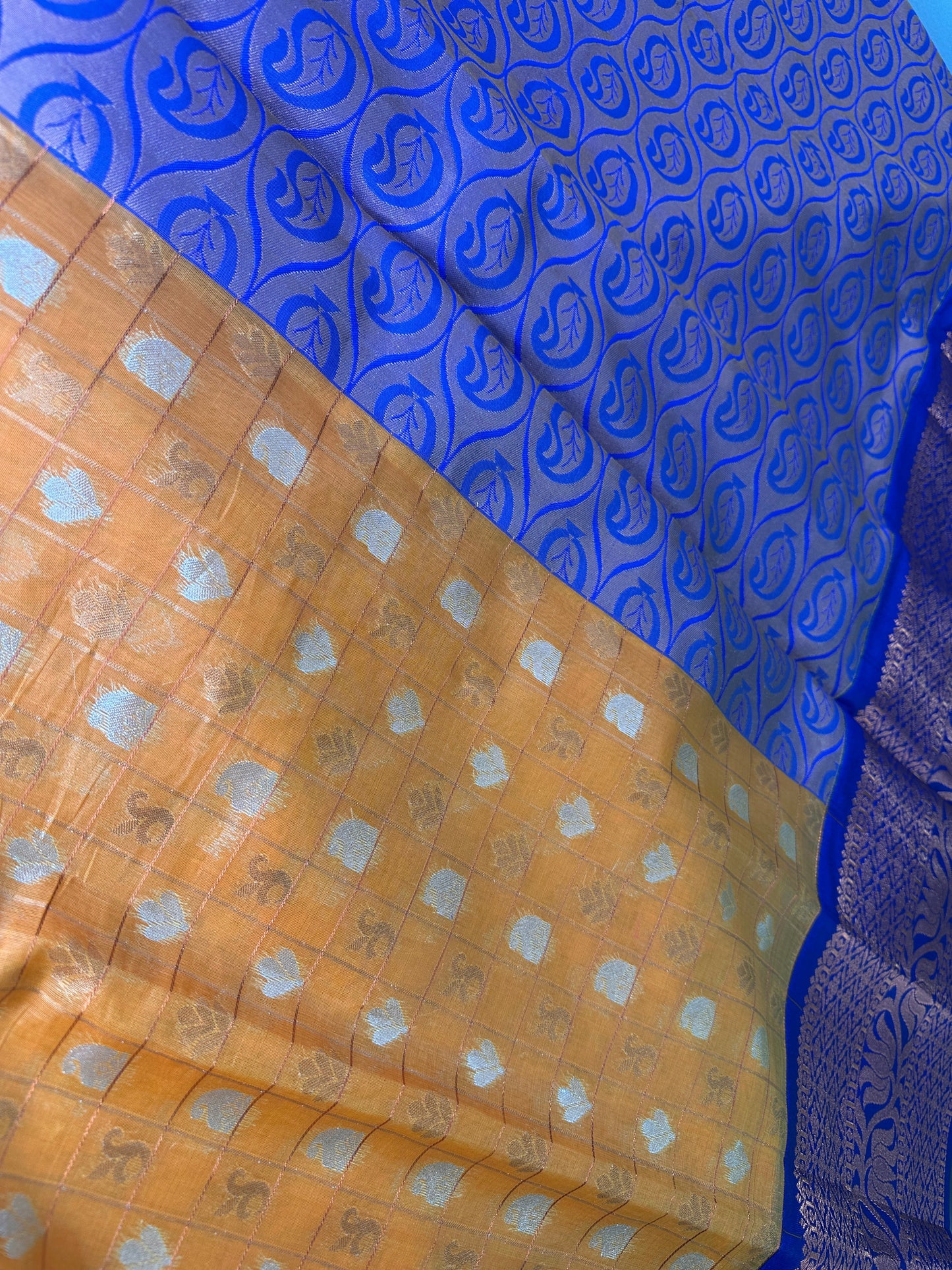 Yellow and Blue Semi Kuppdam Saree