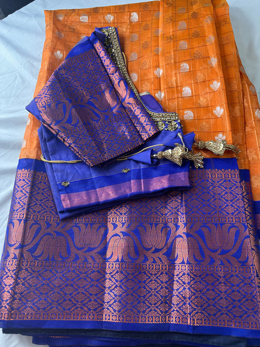 Yellow and Blue Semi Kuppdam Saree