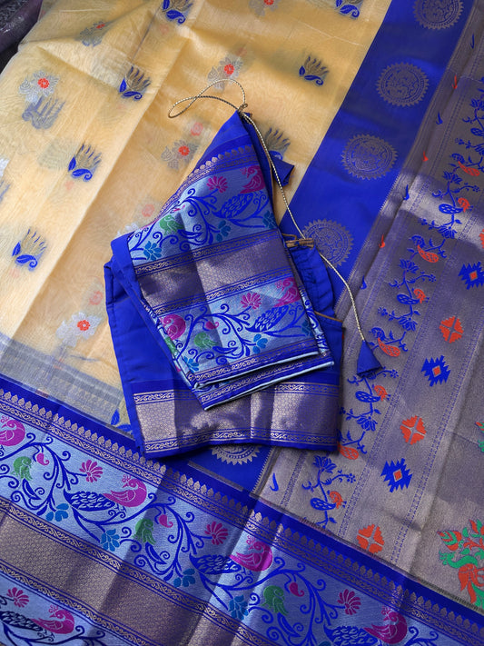 Light Yellow Chanderi Pythani Border Saree