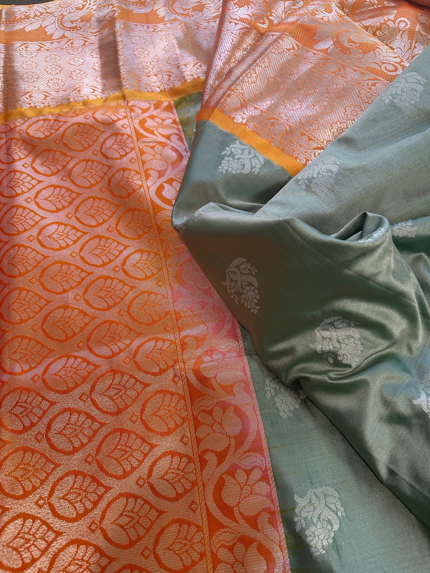 Venkatgiri Green Orange Semi Silk Saree