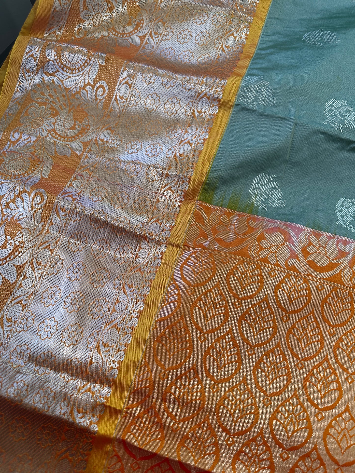 Venkatgiri Green Orange Semi Silk Saree