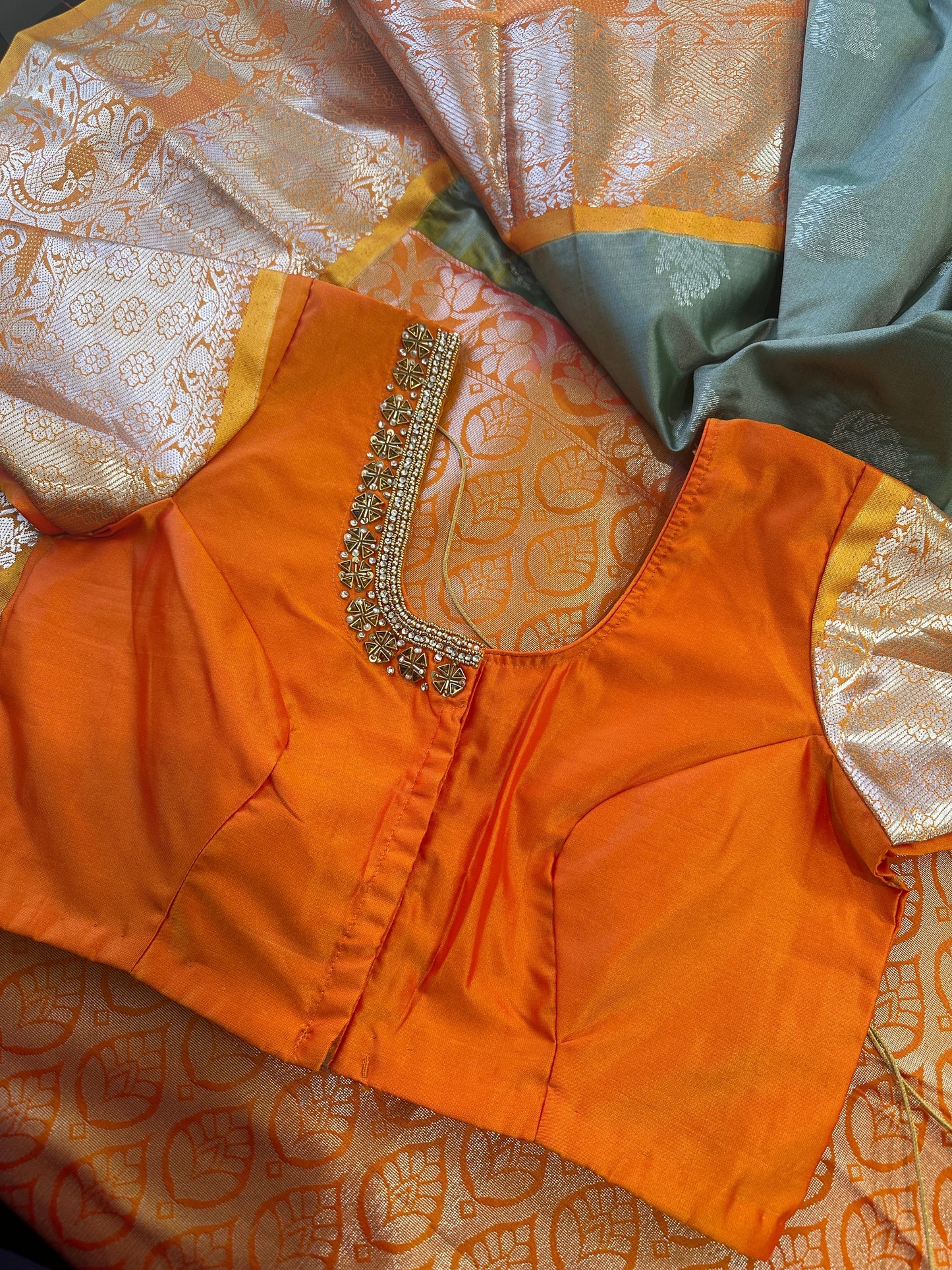 Venkatgiri Green Orange Semi Silk Saree