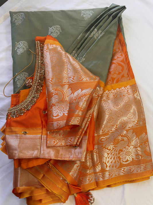 Venkatgiri Green Orange Semi Silk Saree