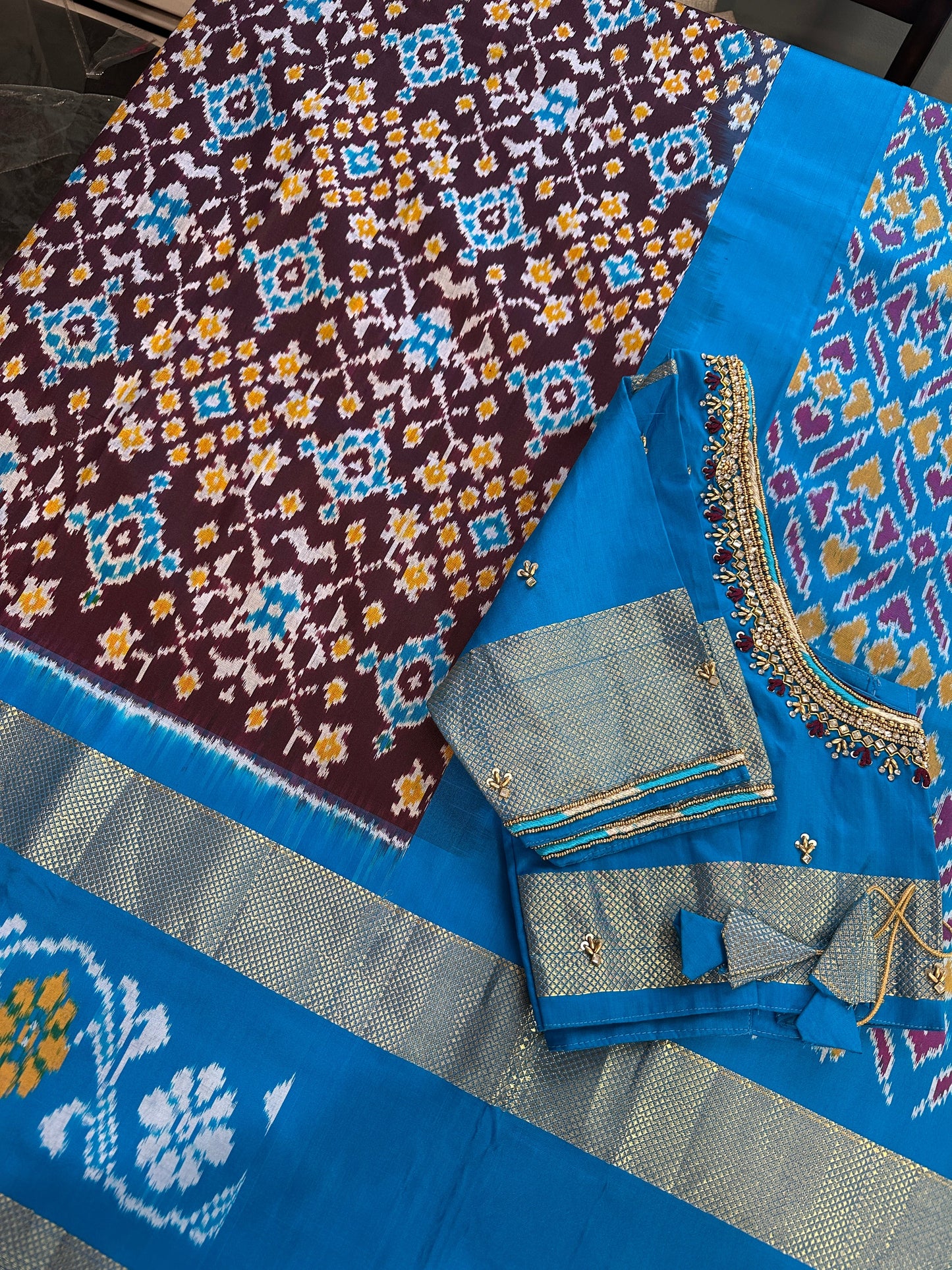 Brown Double Ikkat Pochampally Pure Silk with Pattu Border