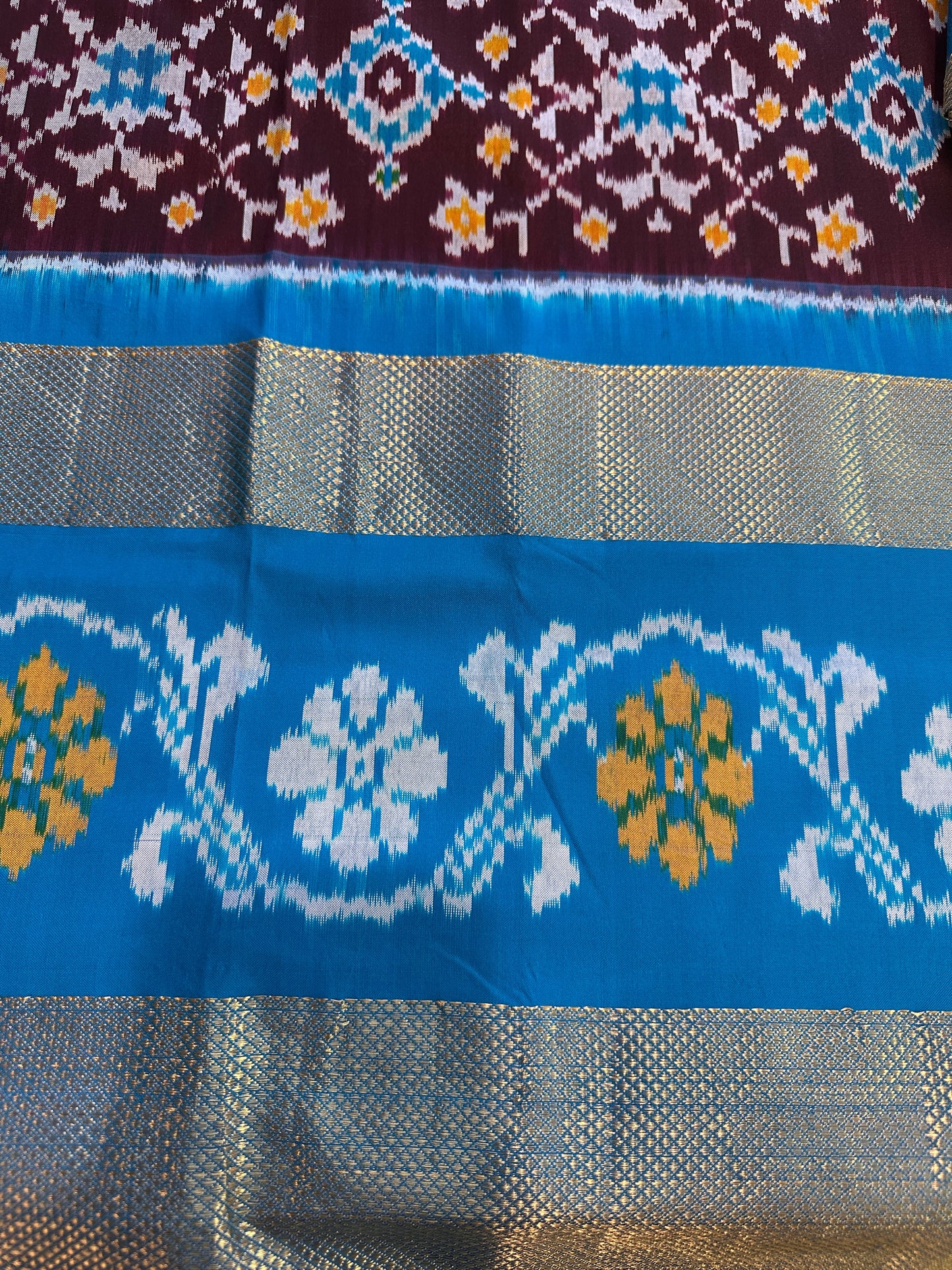 Brown Double Ikkat Pochampally Pure Silk with Pattu Border