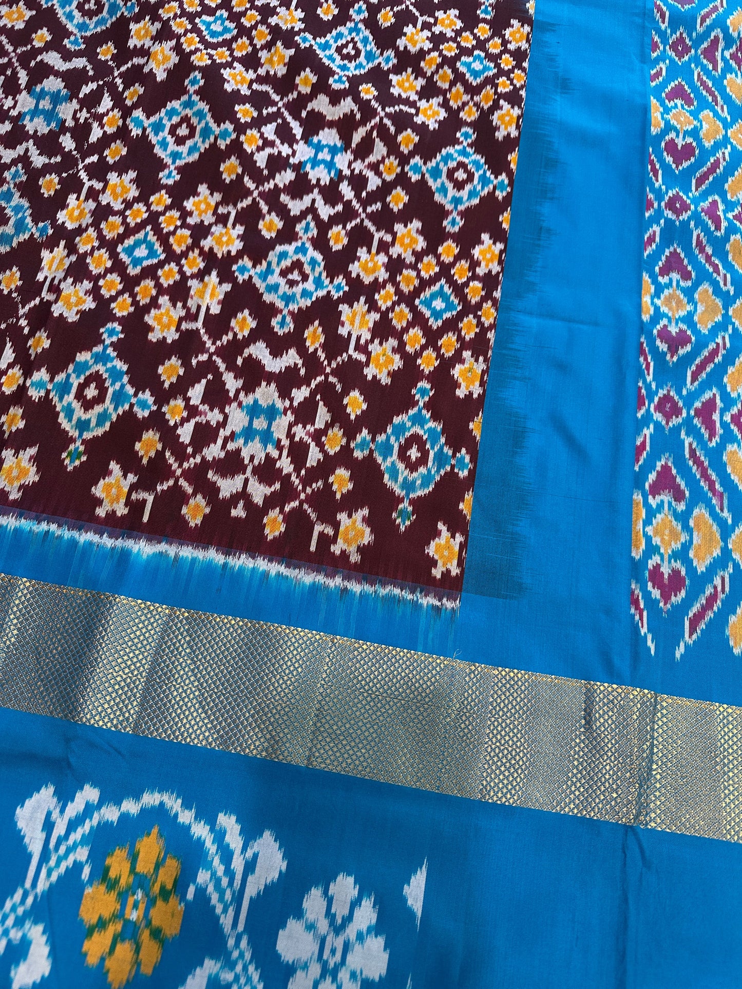 Brown Double Ikkat Pochampally Pure Silk with Pattu Border