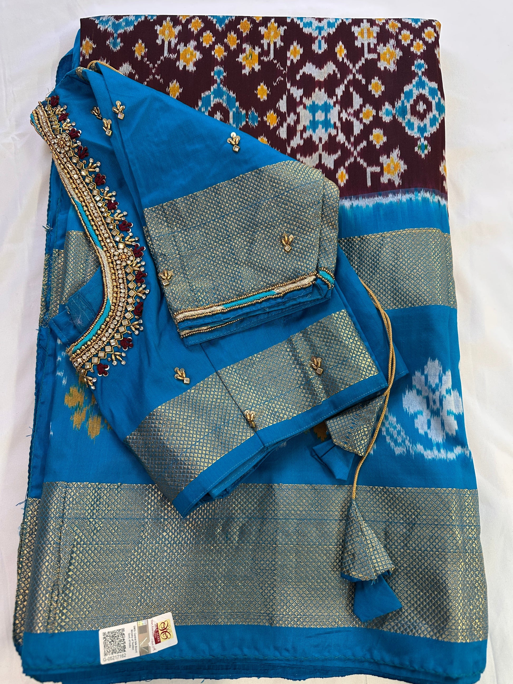 Brown Double Ikkat Pochampally Pure Silk with Pattu Border