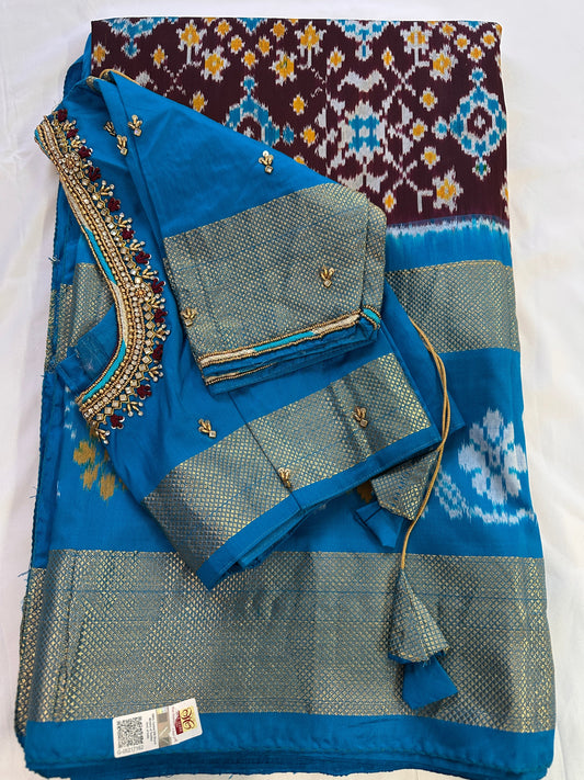 Brown Double Ikkat Pochampally Pure Silk with Pattu Border