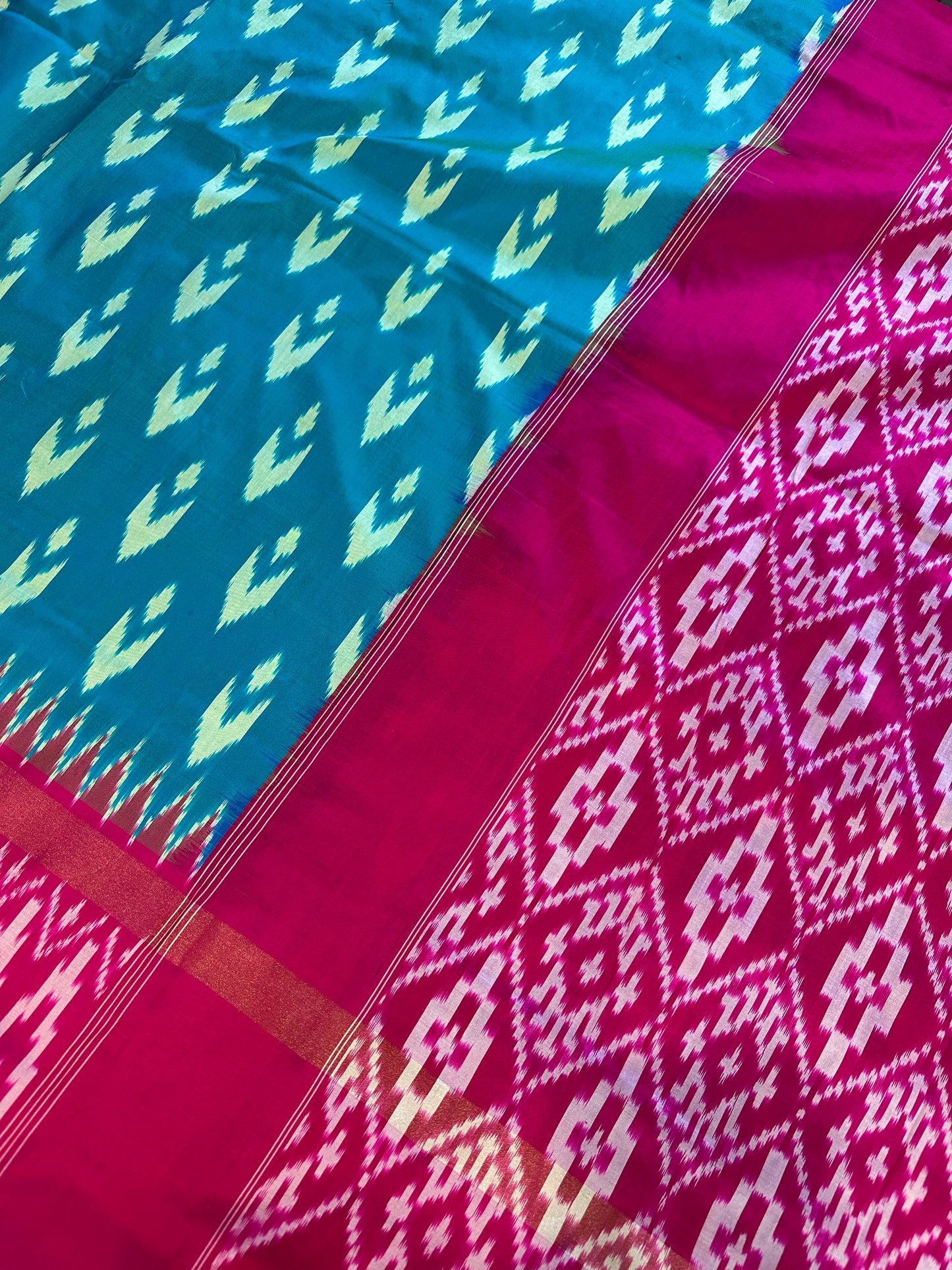Green and Pink Double Ikkat Pochampally Pure Silk
