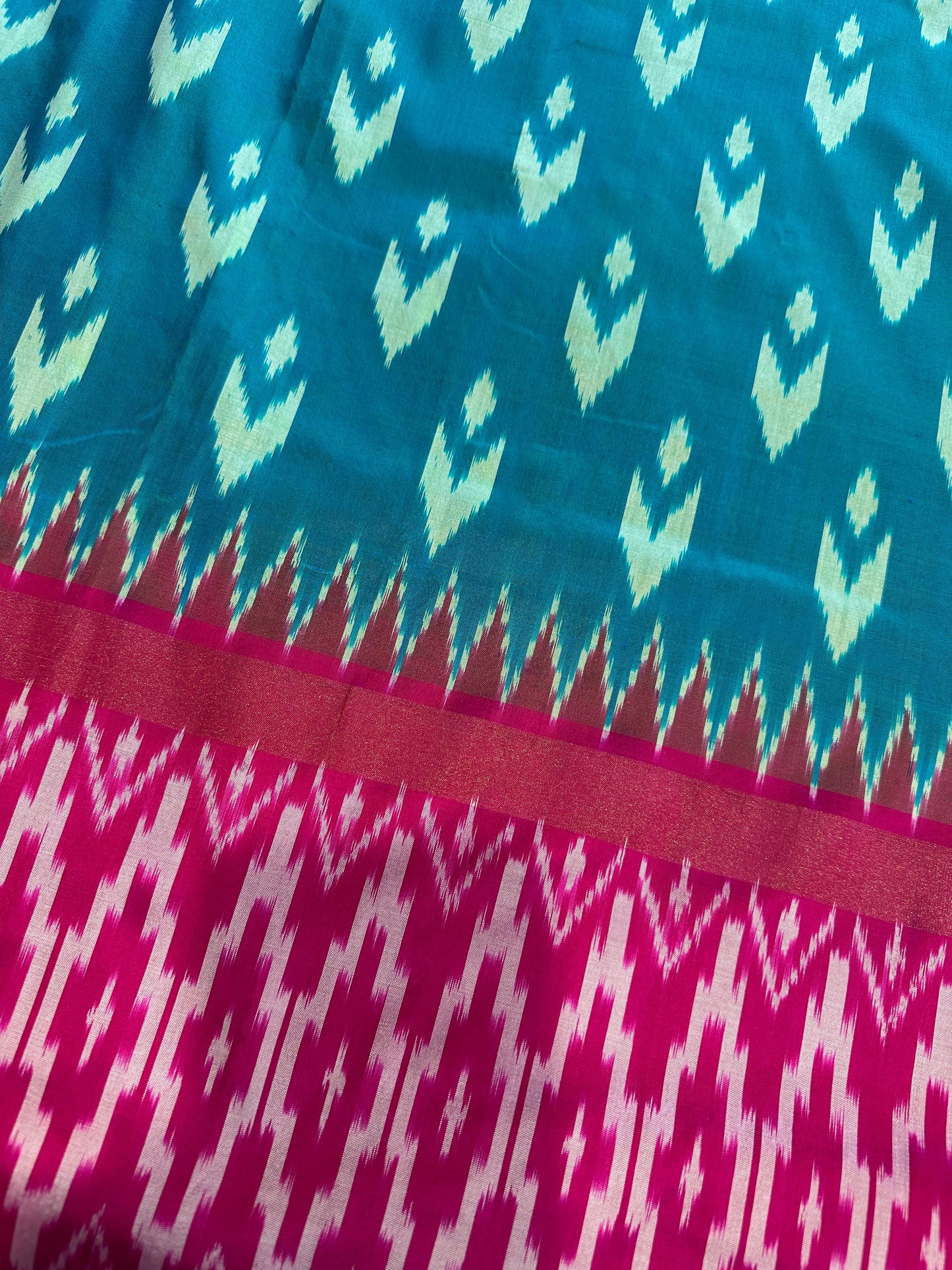 Green and Pink Double Ikkat Pochampally Pure Silk