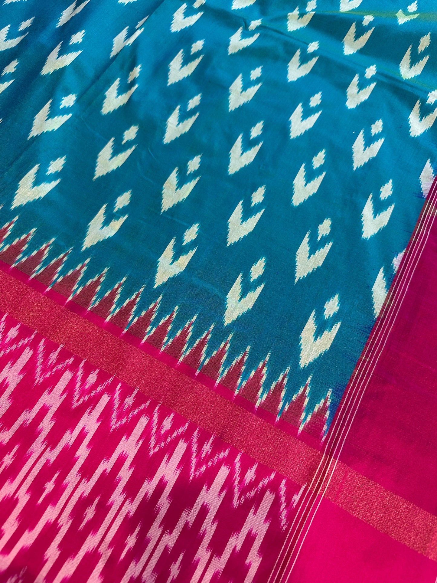 Green and Pink Double Ikkat Pochampally Pure Silk