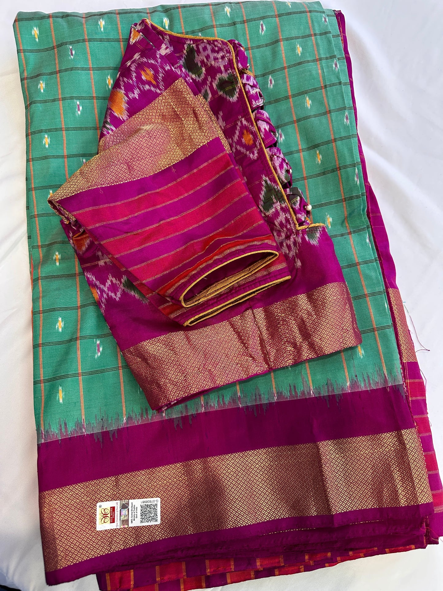 Green Double Ikkat Pochampally Pure Silk with High Neck Blouse
