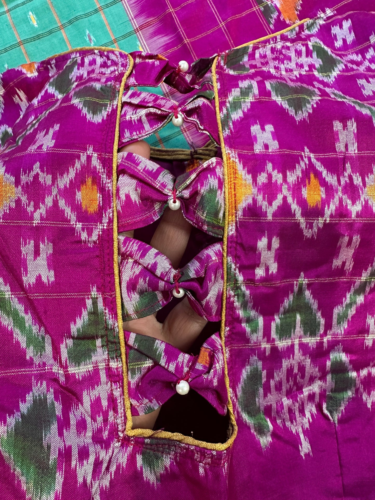 Green Double Ikkat Pochampally Pure Silk with High Neck Blouse
