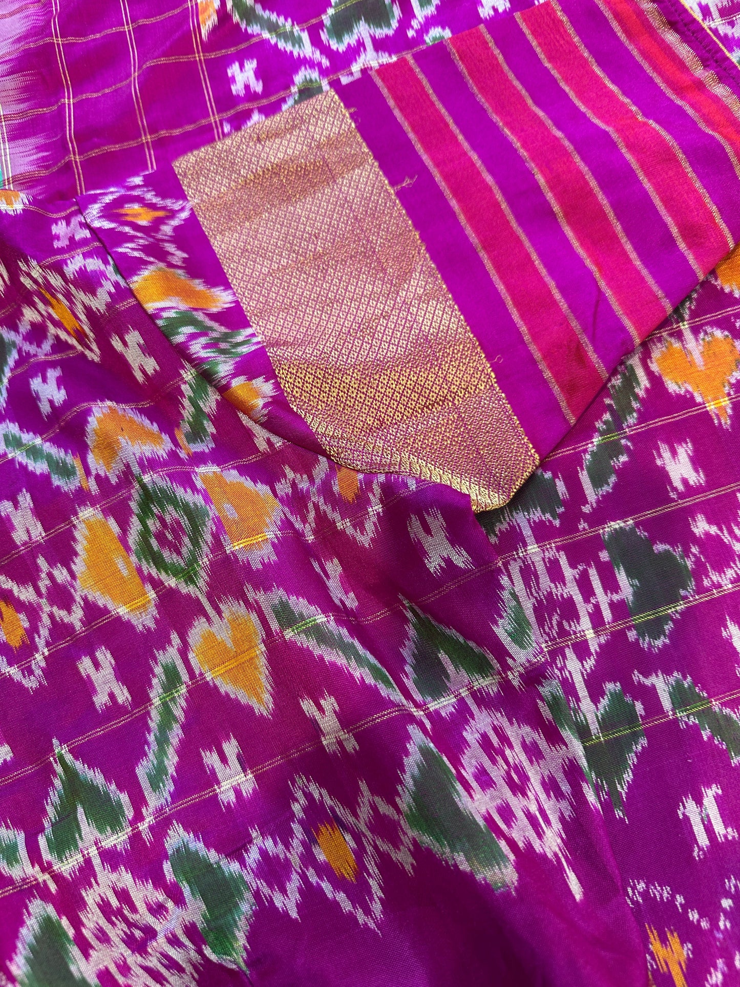 Green Double Ikkat Pochampally Pure Silk with High Neck Blouse