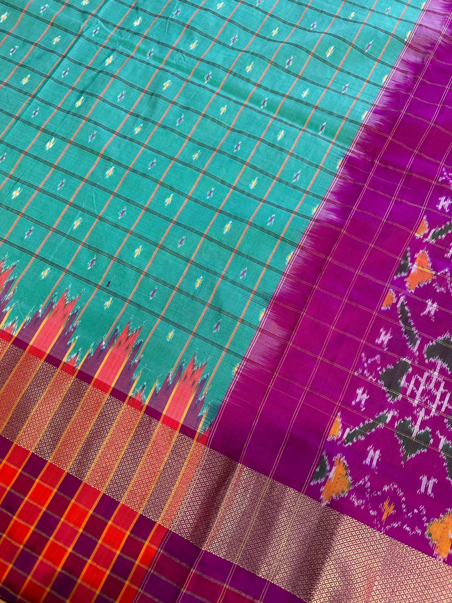 Green Double Ikkat Pochampally Pure Silk with High Neck Blouse