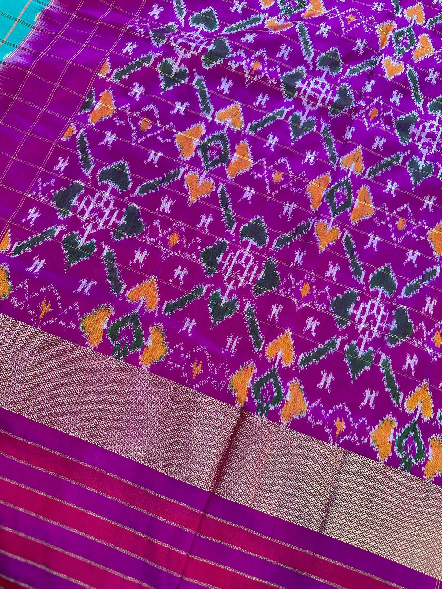Green Double Ikkat Pochampally Pure Silk with High Neck Blouse