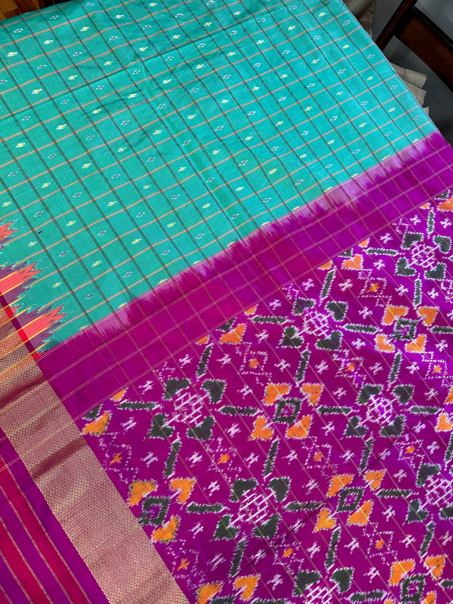 Green Double Ikkat Pochampally Pure Silk with High Neck Blouse
