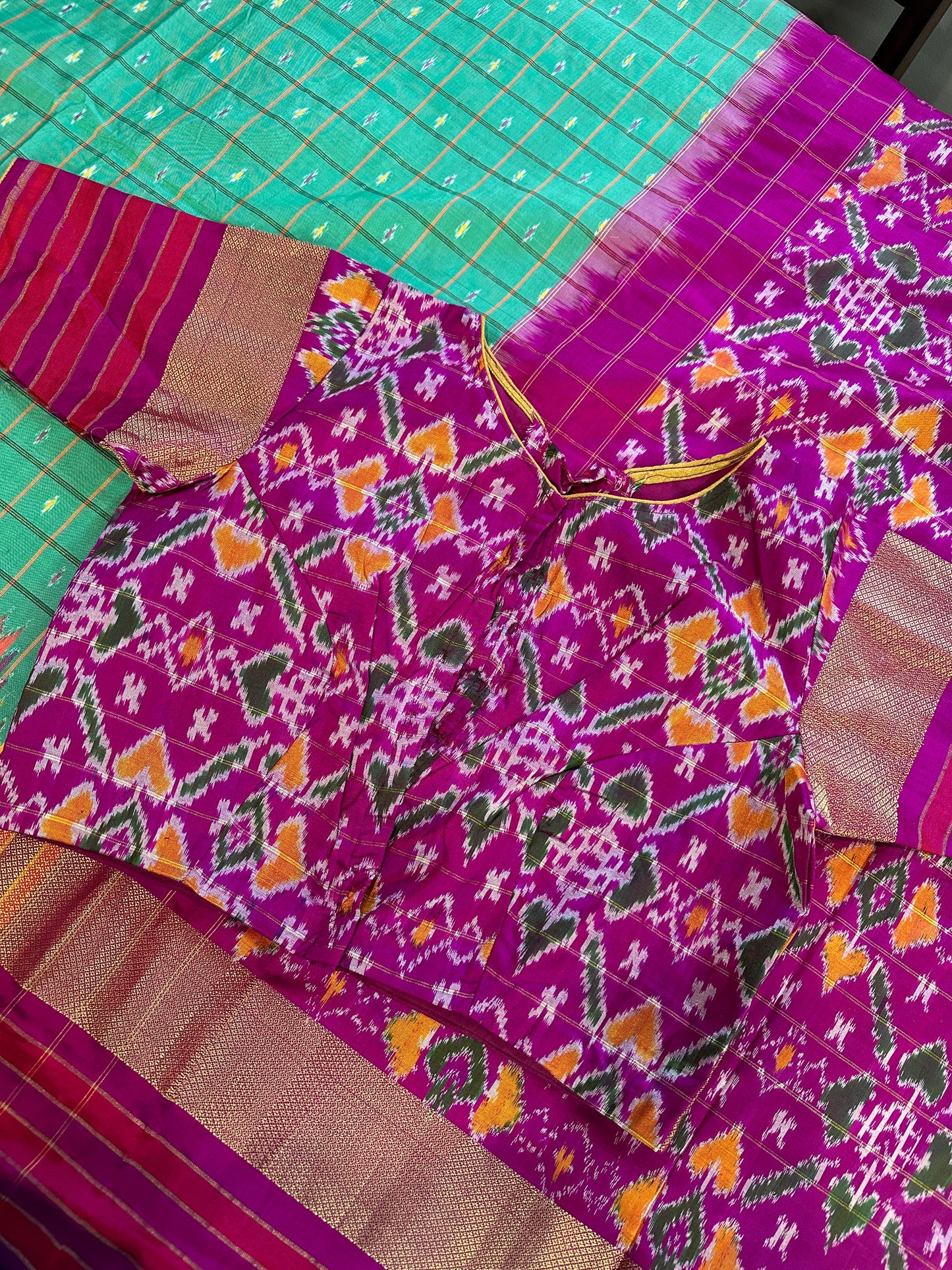 Green Double Ikkat Pochampally Pure Silk with High Neck Blouse
