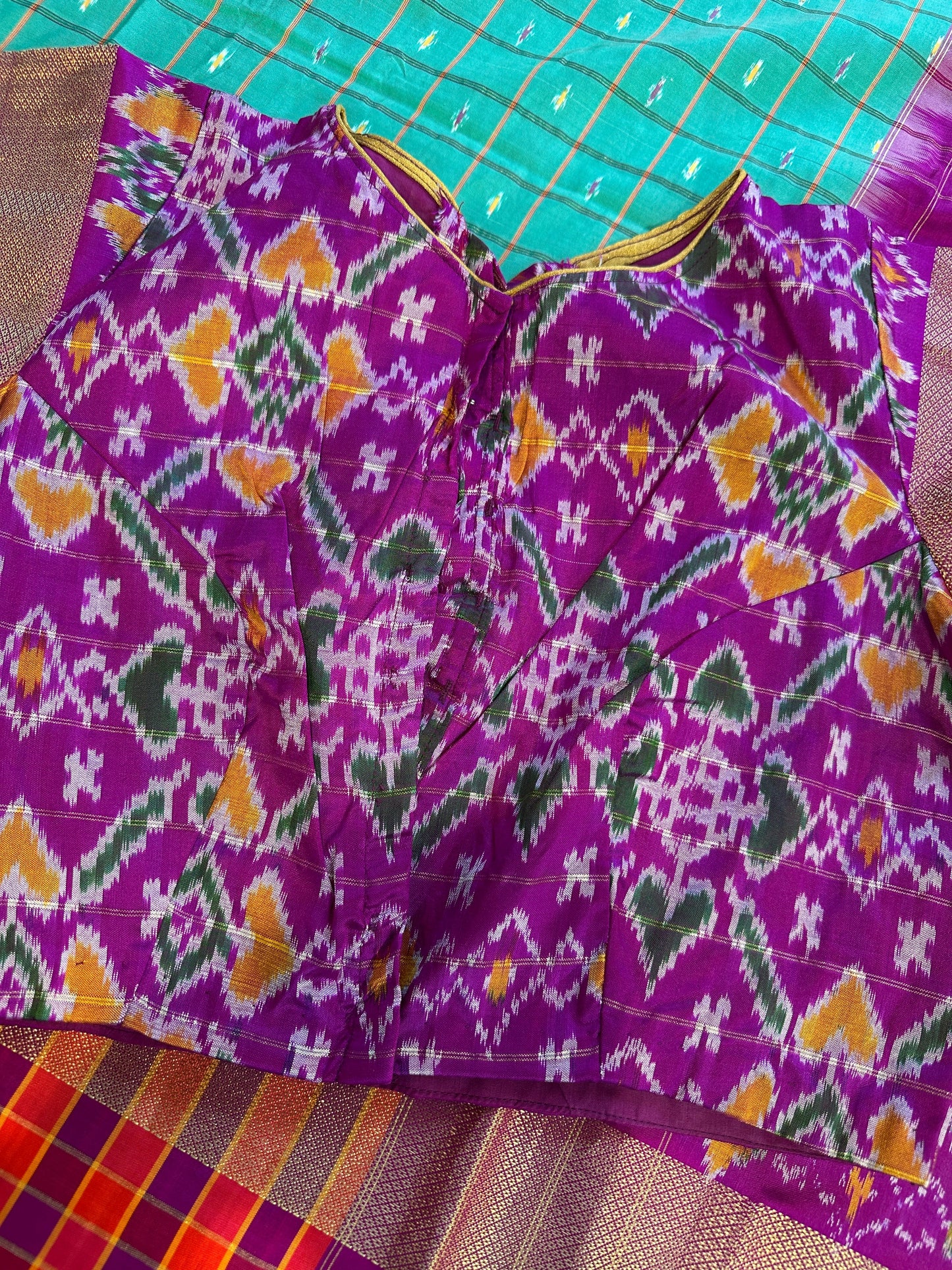 Green Double Ikkat Pochampally Pure Silk with High Neck Blouse