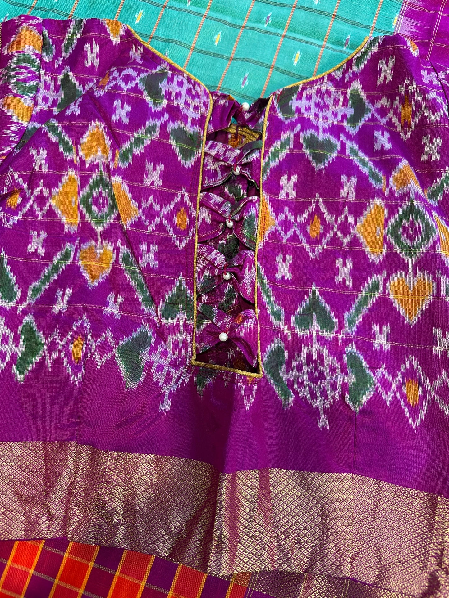 Green Double Ikkat Pochampally Pure Silk with High Neck Blouse