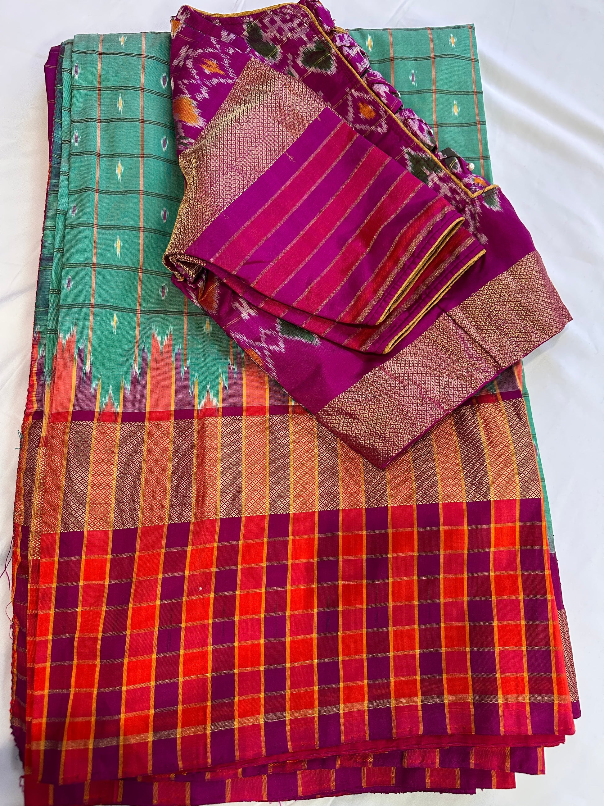 Green Double Ikkat Pochampally Pure Silk with High Neck Blouse